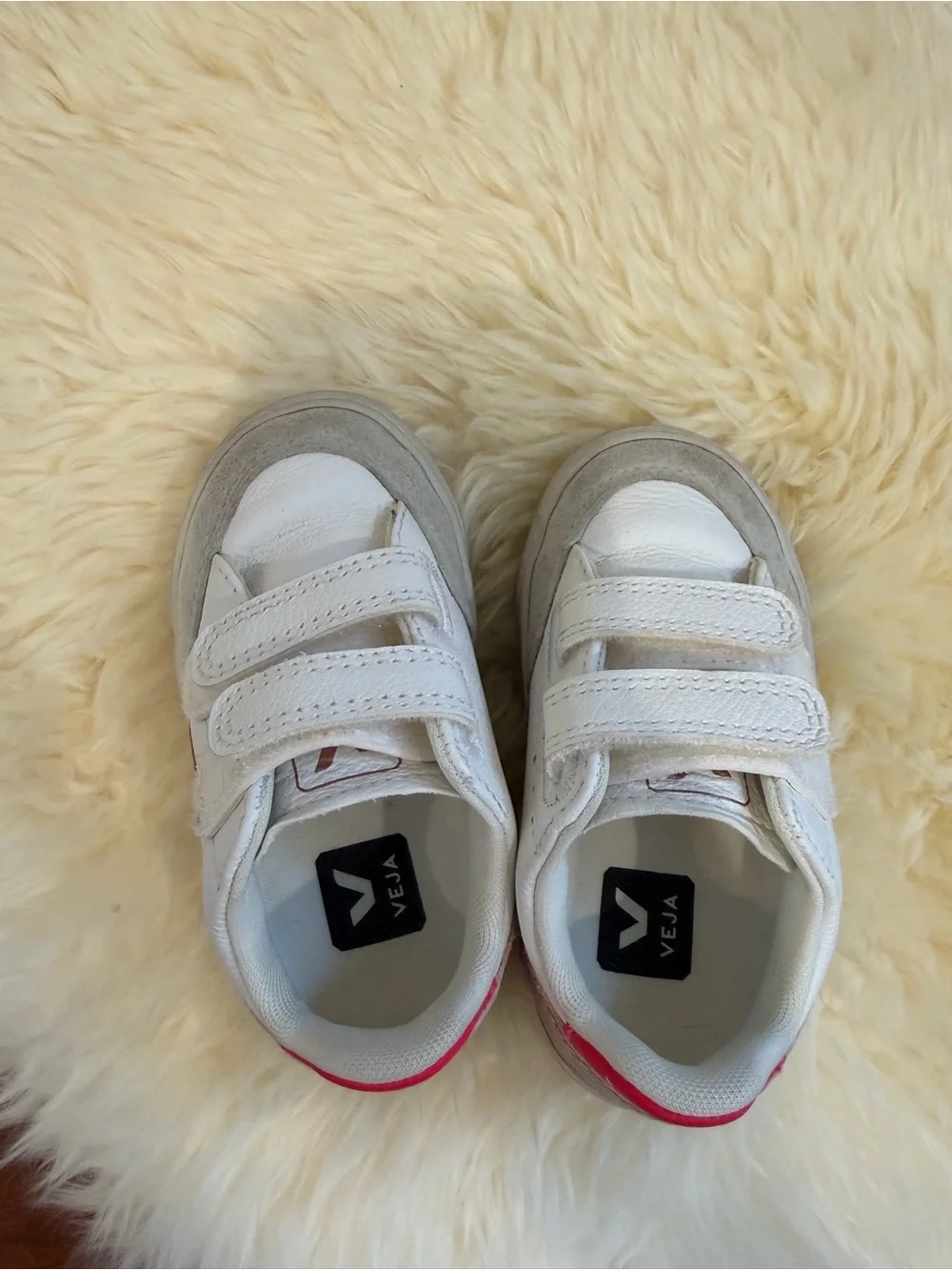 Veja White Kids Sneakers with Burgundy V and Pink Heel